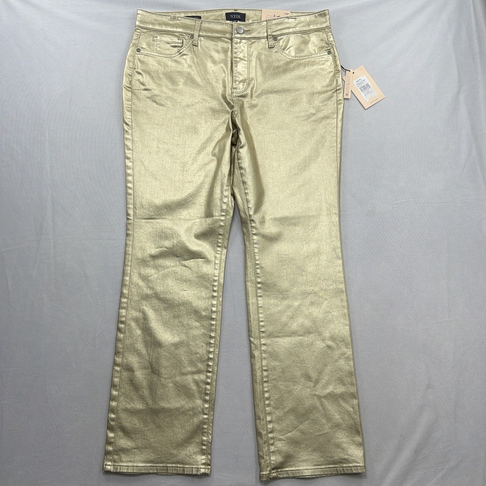 NYDJ Straight Jeans Marilyn Gold Metallic Coated Lift Tuck Women 14P NWT